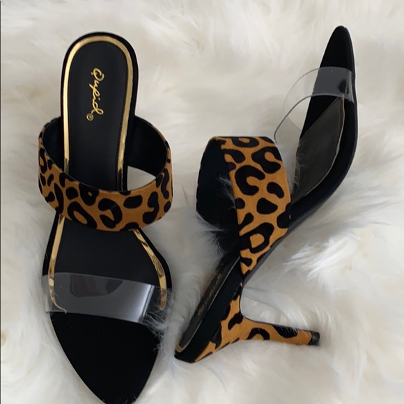 Camel black leopard suede lucite slide heels - Picture 4 of 5